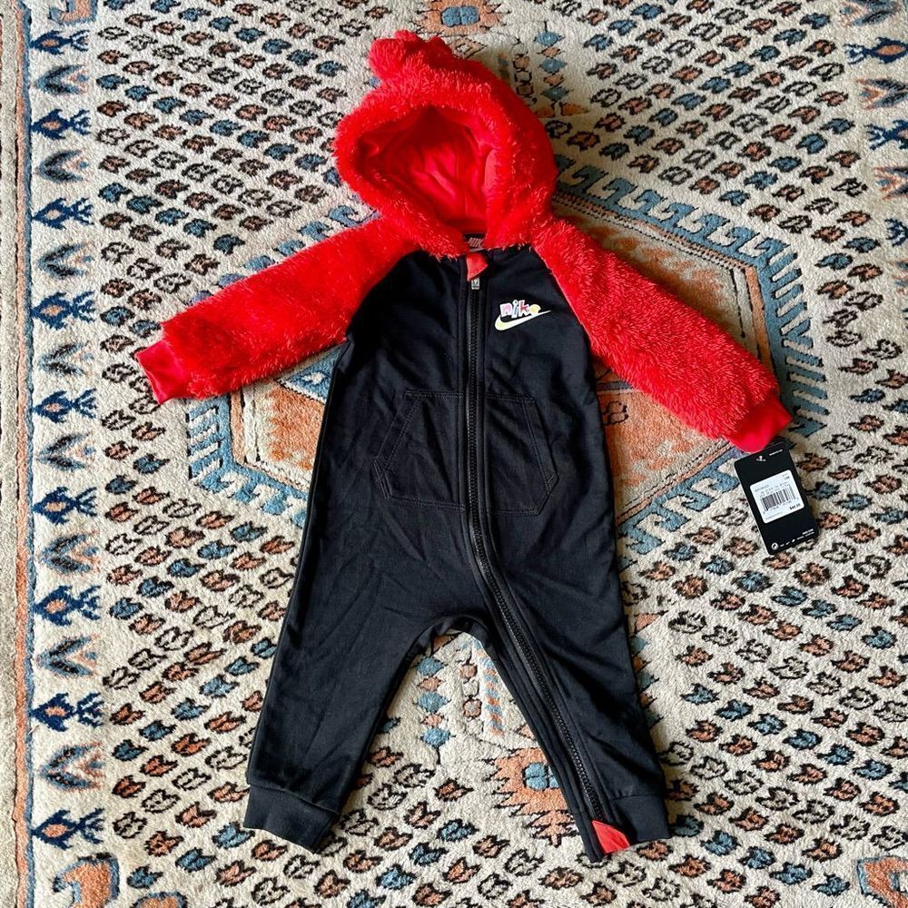 Nike Infant Sherpa Dino Red Black Hooded Long Sleeve Romper Playsuit One Piece